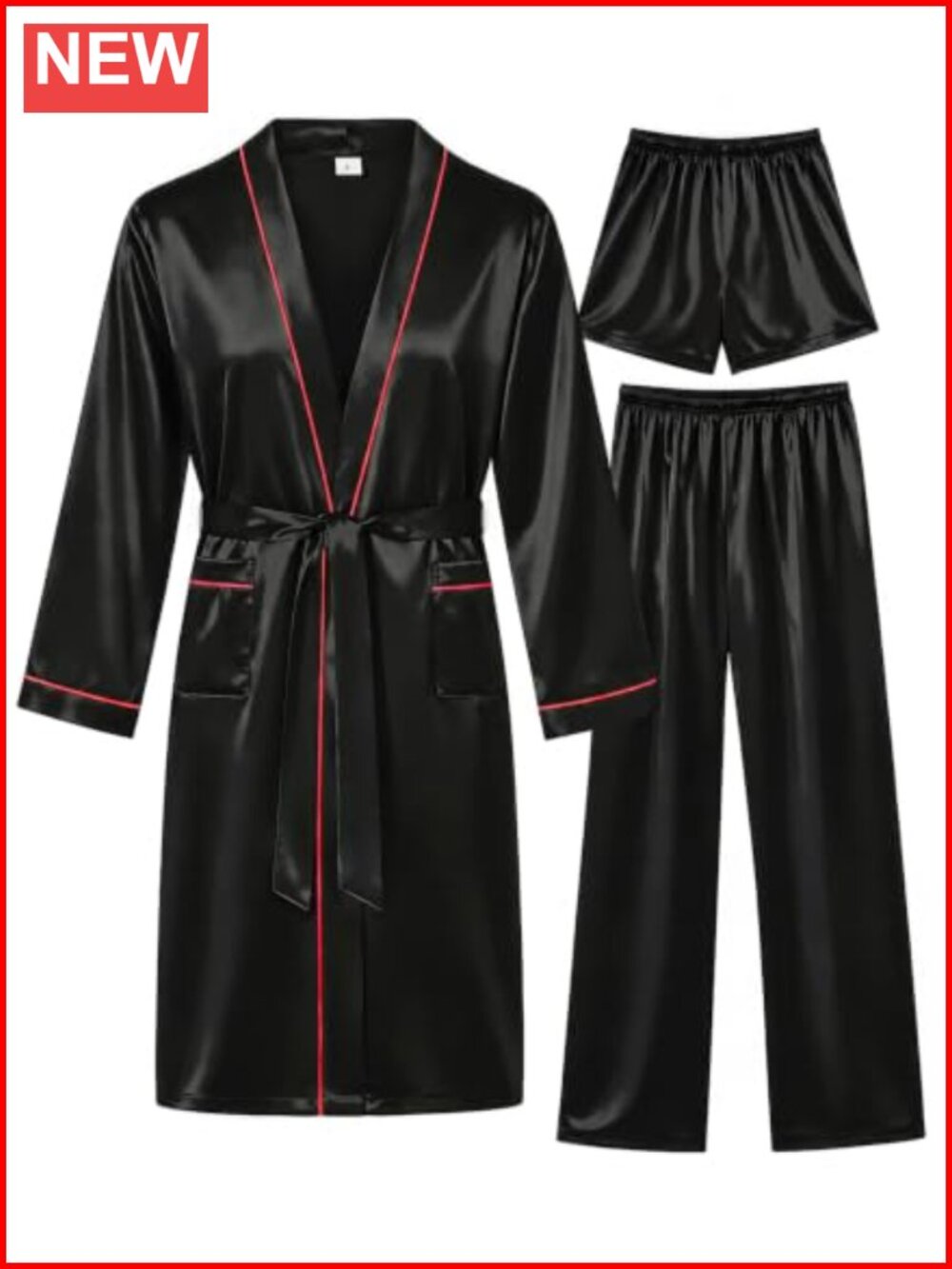 Men's Satin 3-Piece Robe Pants Shorts Set Kimono Bathrobe Sleepwear Pajamas